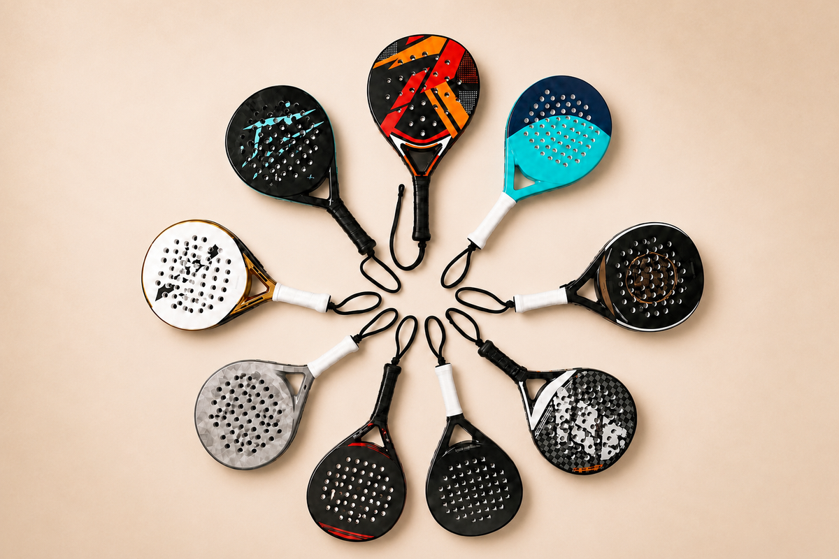 Huit raquettes de padel de différentes formes et couleurs disposées en cercle sur un fond beige, représentant une collection de modèles adaptés aux joueurs débutants et intermédiaires.