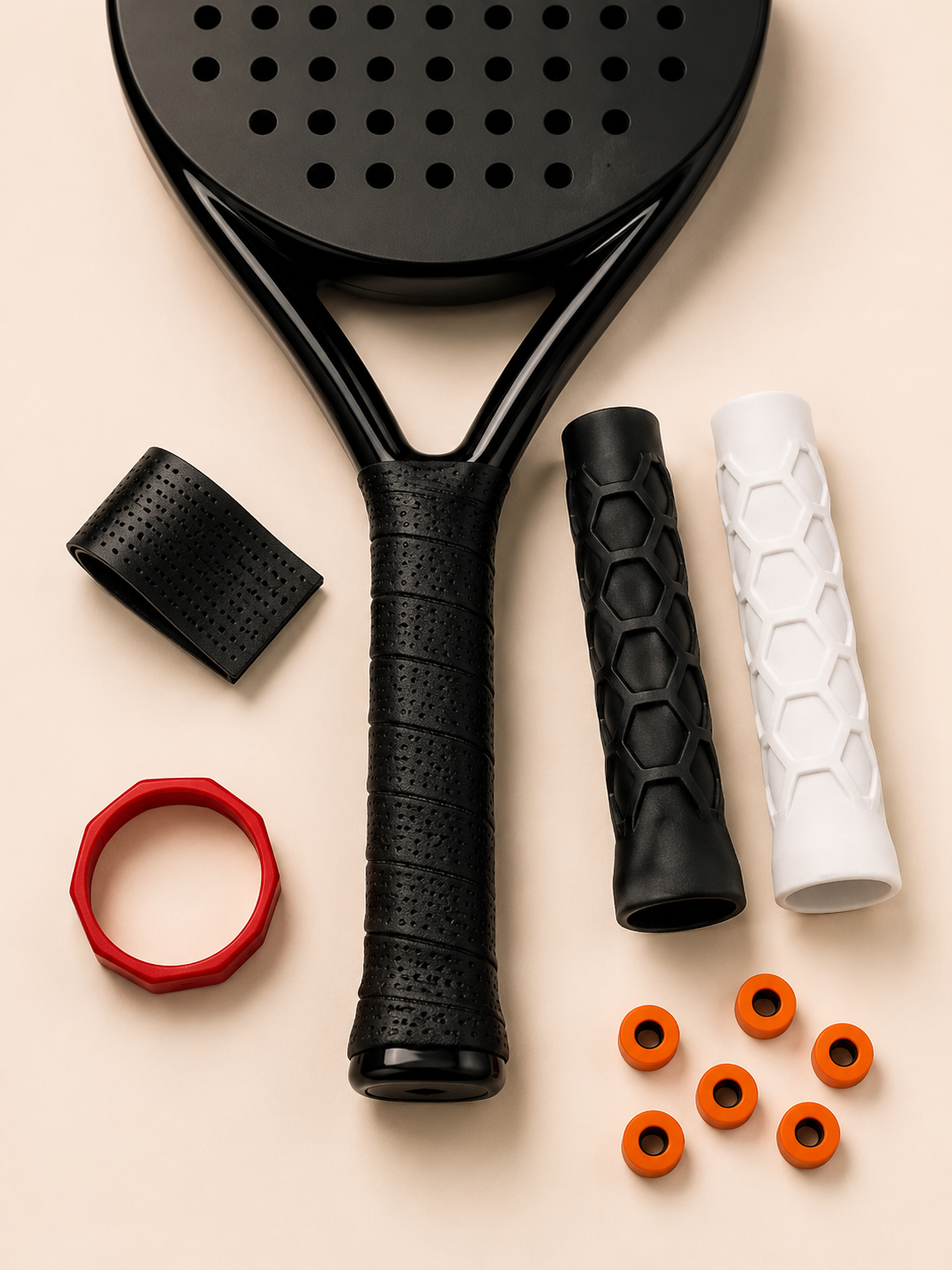 Accessoires pour raquette de padel avec grips noir et blanc, surgrip, protection de cadre et antivibrateurs