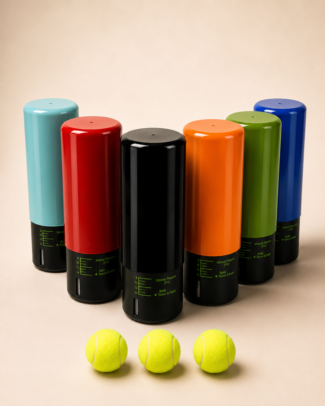 Collection de pressuriseurs de balles de padel Le Bon Set en six coloris avec trois balles jaunes.