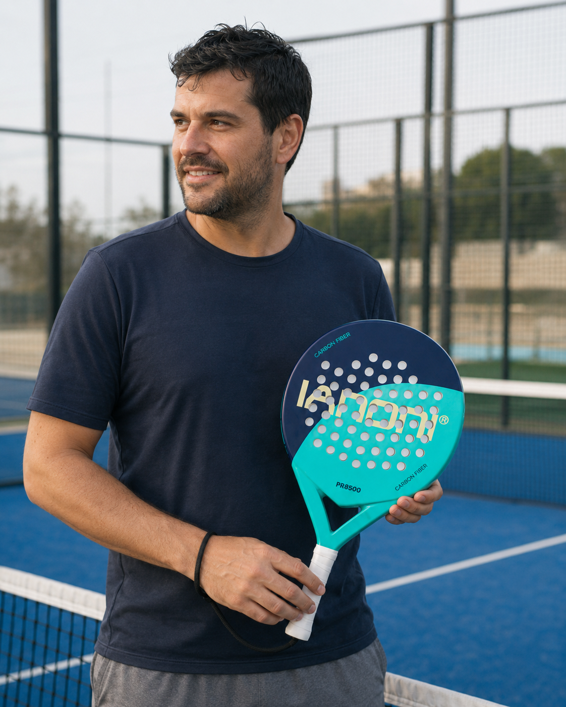 Joueur de padel avec la raquette Perf Max LBS sur un court bleu