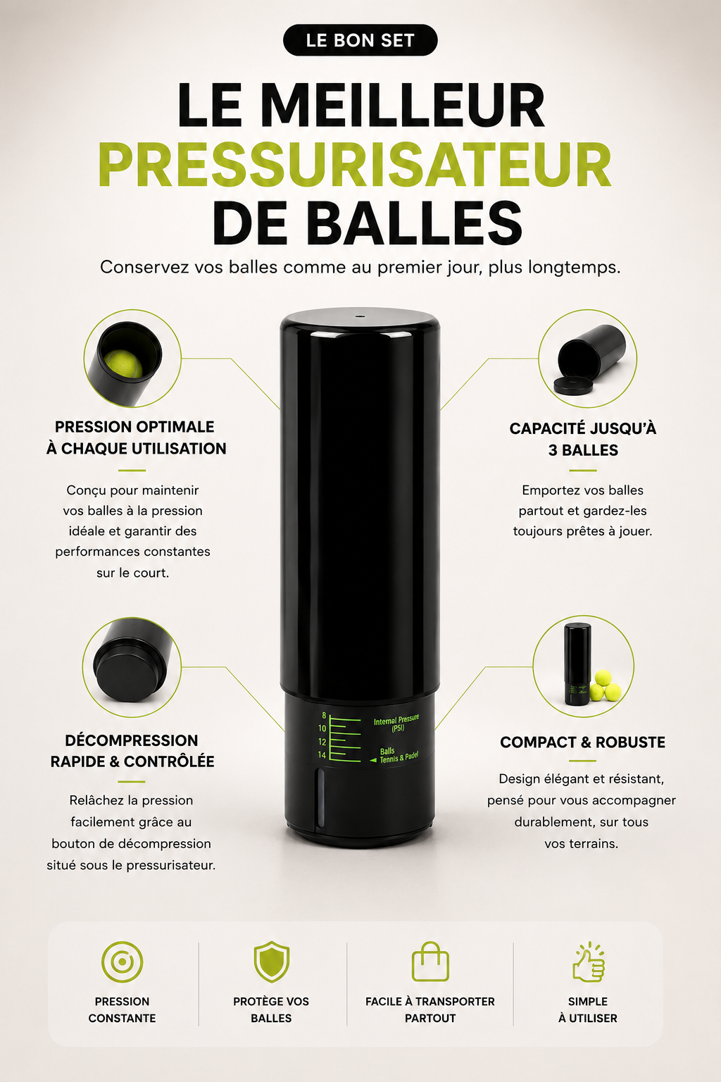 Caractéristiques du pressurisateur de balles padel LBS : pression optimale, jusqu'à 3 balles