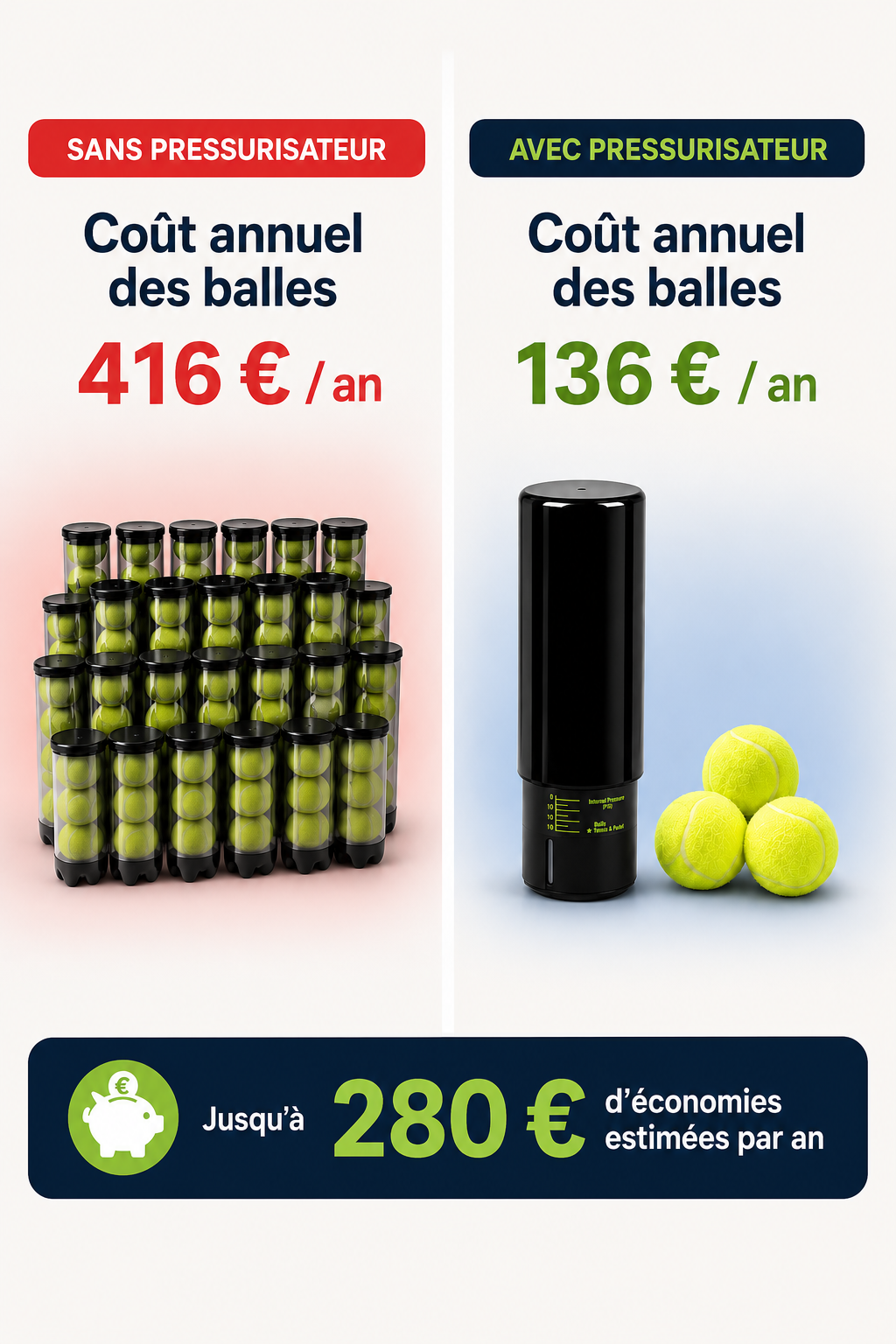 Comparatif : 416 € de balles par an sans pressurisateur contre 136 € avec, 280 € d'économies