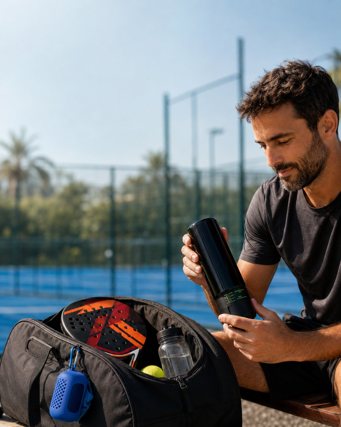 Joueur de padel inspectant le pressurisateur de balles LBS au bord du court