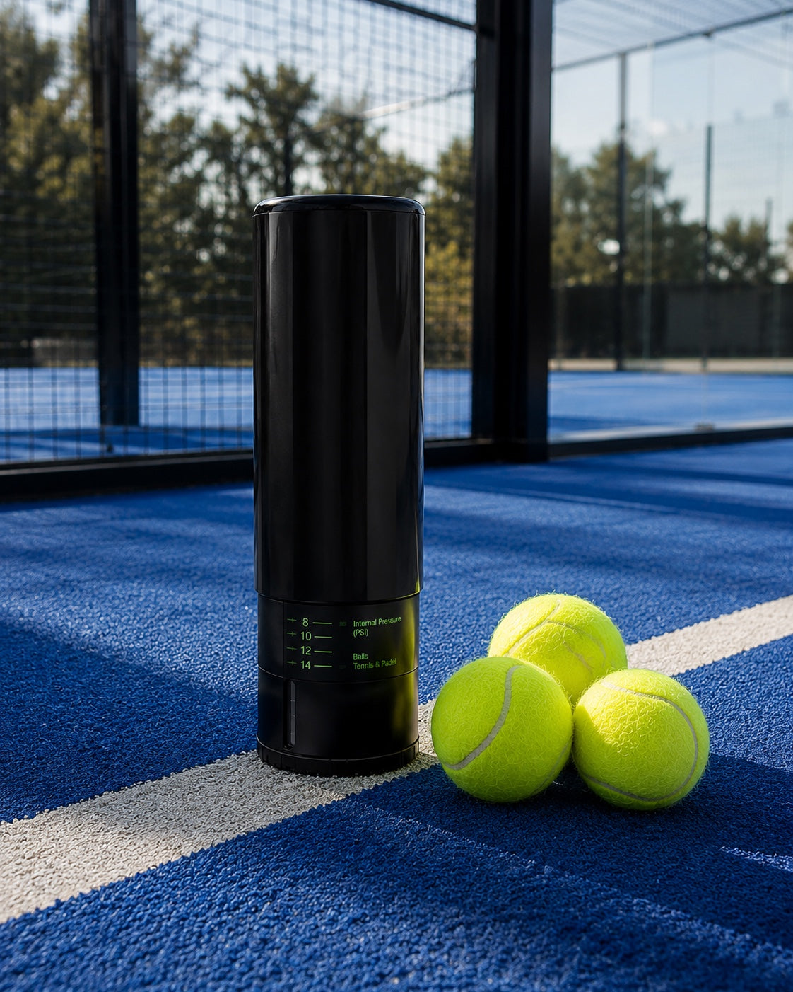 Pressurisateur de balles de padel LBS noir avec trois balles sur un court bleu