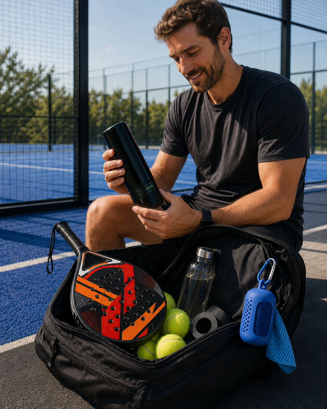 Joueur de padel avec le pressurisateur de balles LBS et son sac au bord du court