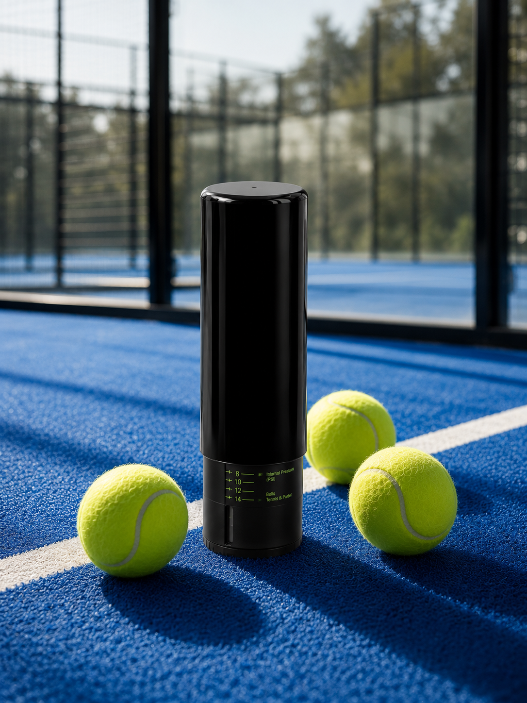 Pressurisateur de balles de padel LBS noir posé sur un terrain de padel bleu