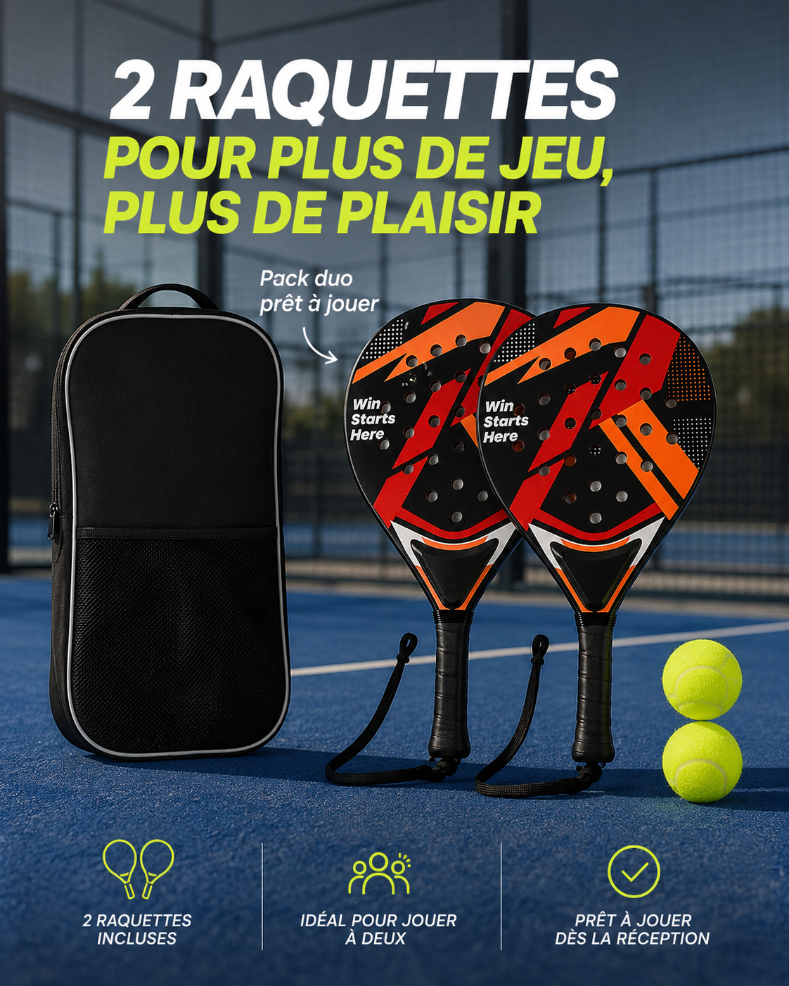 Pack de 2 raquettes de padel LBS pour débutants avec housse de transport et balles sur un court bleu