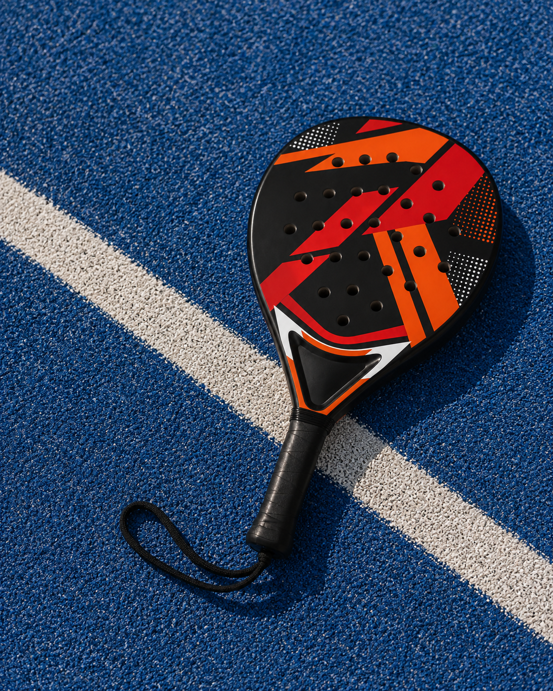 Raquette de padel LBS posée sur un court bleu