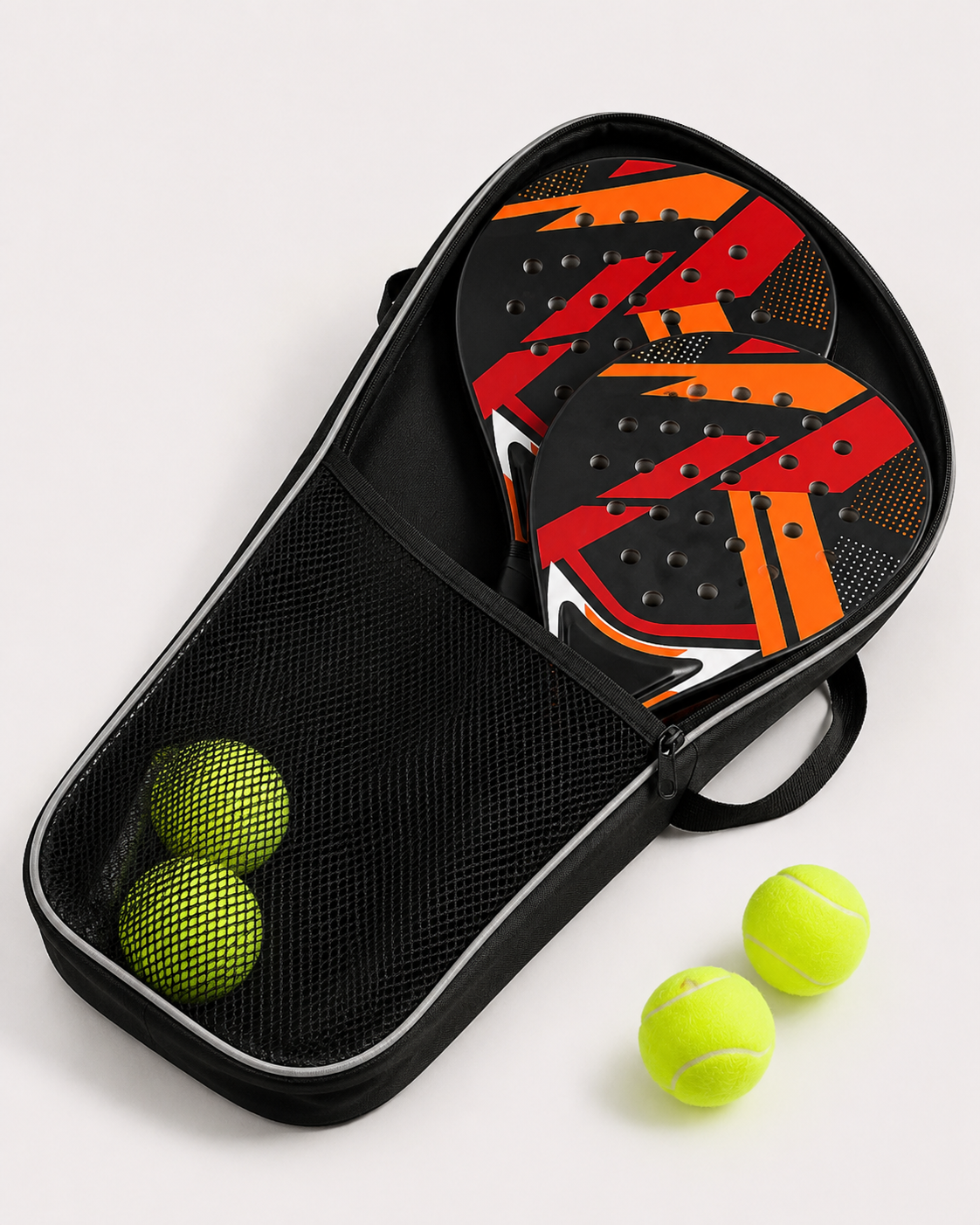 Housse ouverte avec 2 raquettes de padel LBS et balles de padel