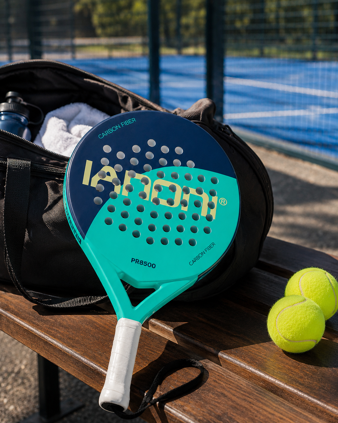 Raquette de padel Perf Max LBS sur un banc avec sac de sport et balles