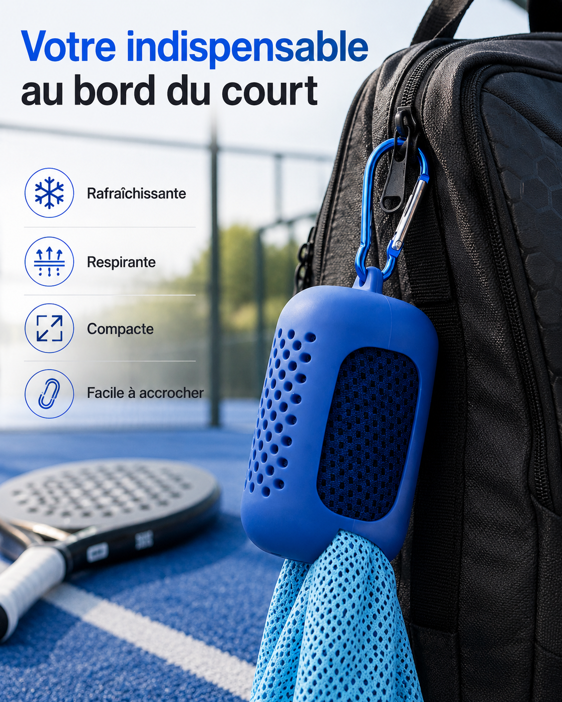 Serviette microfibre de padel LBS posée au bord du court