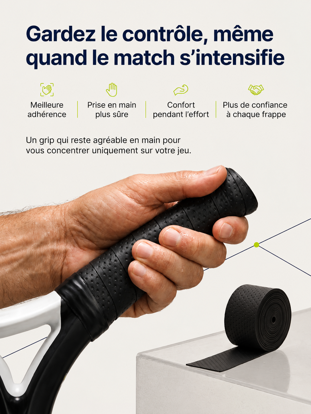 Prise en main d'une raquette de padel avec surgrip noir LBS, gardez le contrôle