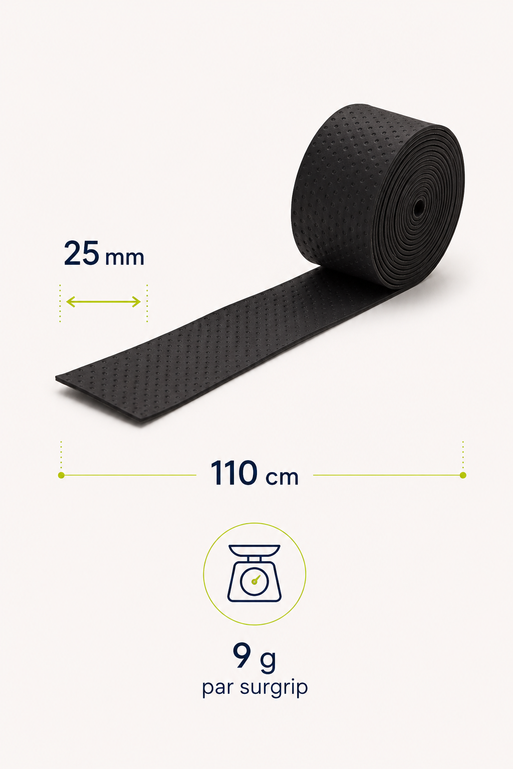 Dimensions du surgrip padel LBS : 110 cm x 25 mm, 9 g par surgrip