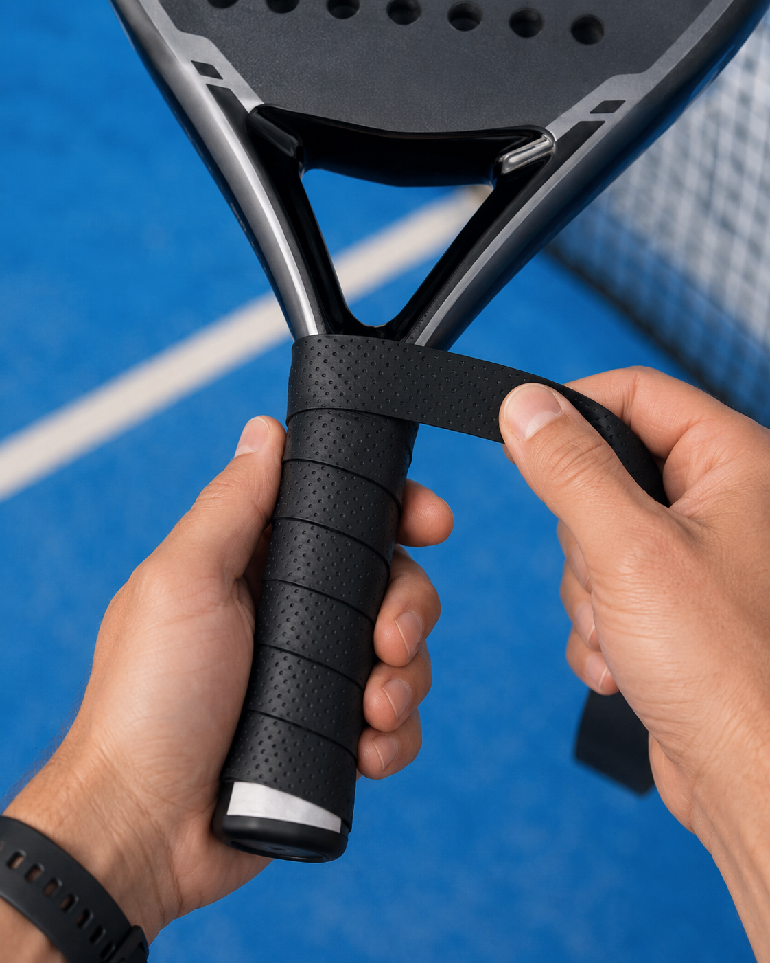 Pose du surgrip padel LBS sur le manche d'une raquette, court bleu